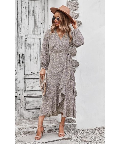 Women's Long Sleeve Vintage Flowy Dress Floral Print V-Neck Maxi Dresses with Belt Khaki $17.66 Dresses