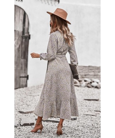 Women's Long Sleeve Vintage Flowy Dress Floral Print V-Neck Maxi Dresses with Belt Khaki $17.66 Dresses