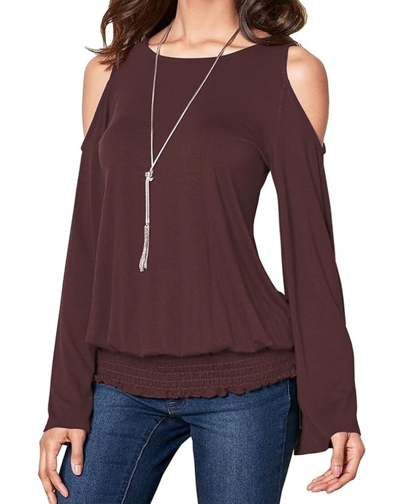 Womens Cold Shoulder Bell Long Sleeve Tops Sexy Dressy Casual Scoop Neck Banded Bottom Shirts Blouse Brown $15.94 Tops