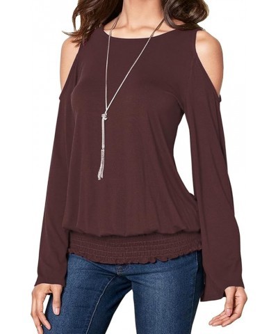 Womens Cold Shoulder Bell Long Sleeve Tops Sexy Dressy Casual Scoop Neck Banded Bottom Shirts Blouse Brown $15.94 Tops