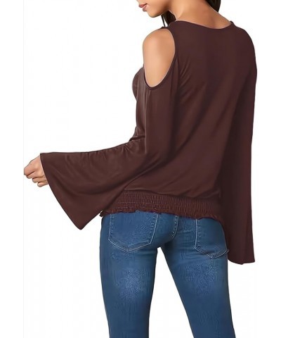 Womens Cold Shoulder Bell Long Sleeve Tops Sexy Dressy Casual Scoop Neck Banded Bottom Shirts Blouse Brown $15.94 Tops