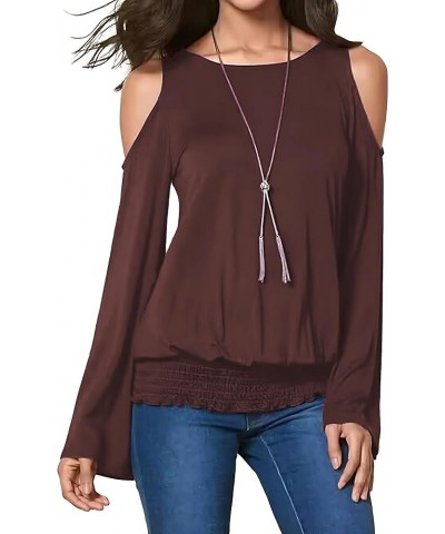 Womens Cold Shoulder Bell Long Sleeve Tops Sexy Dressy Casual Scoop Neck Banded Bottom Shirts Blouse Brown $15.94 Tops