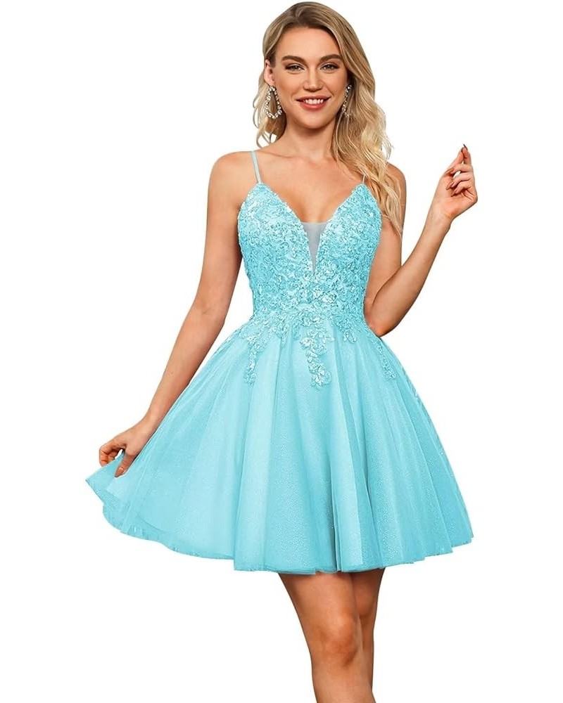 Floral Homecoming Dresses Short 2023 Applique Glitter Tulle Mini Prom Dresses for Teens SYYS384 Aqua $37.57 Dresses