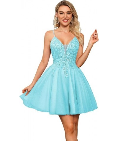 Floral Homecoming Dresses Short 2023 Applique Glitter Tulle Mini Prom Dresses for Teens SYYS384 Aqua $37.57 Dresses