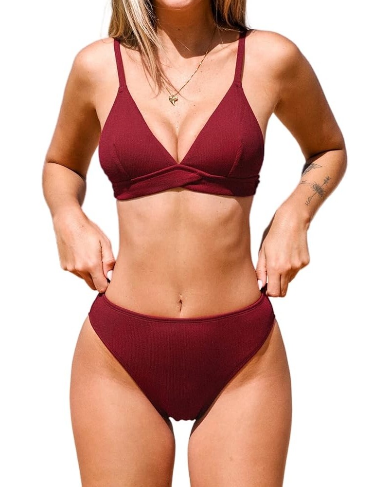 Women's Two Piece Triangle Top High Waisted Ribbed Bikini Sets Burgundy Red $15.85 Swimsuits