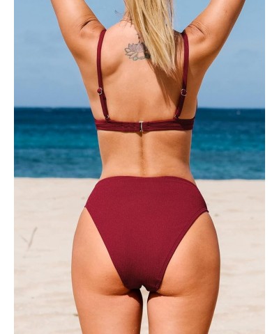 Women's Two Piece Triangle Top High Waisted Ribbed Bikini Sets Burgundy Red $15.85 Swimsuits