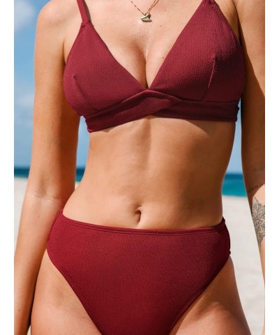 Women's Two Piece Triangle Top High Waisted Ribbed Bikini Sets Burgundy Red $15.85 Swimsuits