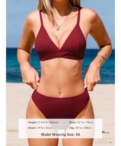 Women's Two Piece Triangle Top High Waisted Ribbed Bikini Sets Burgundy Red $15.85 Swimsuits