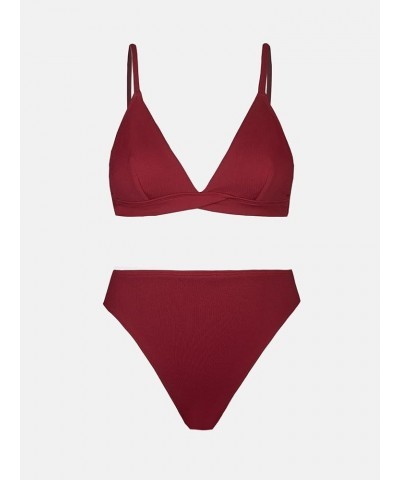 Women's Two Piece Triangle Top High Waisted Ribbed Bikini Sets Burgundy Red $15.85 Swimsuits