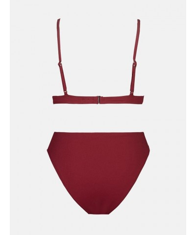 Women's Two Piece Triangle Top High Waisted Ribbed Bikini Sets Burgundy Red $15.85 Swimsuits