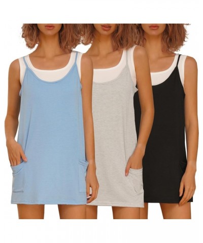 3 Pack Womens Summer Sleeveless Mini Dress V Neck Spaghetti Strap Sundress Athletic Short Dress with Pockets Black/Light Heat...