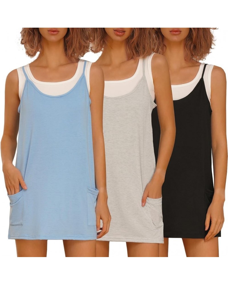 3 Pack Womens Summer Sleeveless Mini Dress V Neck Spaghetti Strap Sundress Athletic Short Dress with Pockets Black/Light Heat...