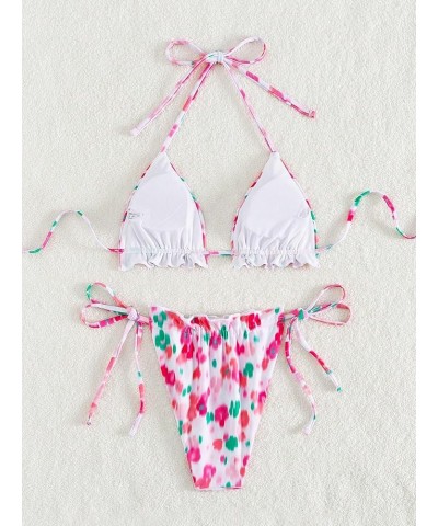 Women's 2 Piece Triangle Bathing Suit Halter Top ​Tie Side Thong Bikini Swimsuits White and Pink $17.00 Swimsuits