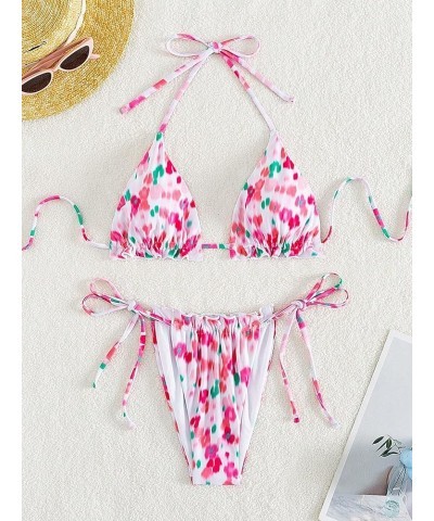 Women's 2 Piece Triangle Bathing Suit Halter Top ​Tie Side Thong Bikini Swimsuits White and Pink $17.00 Swimsuits