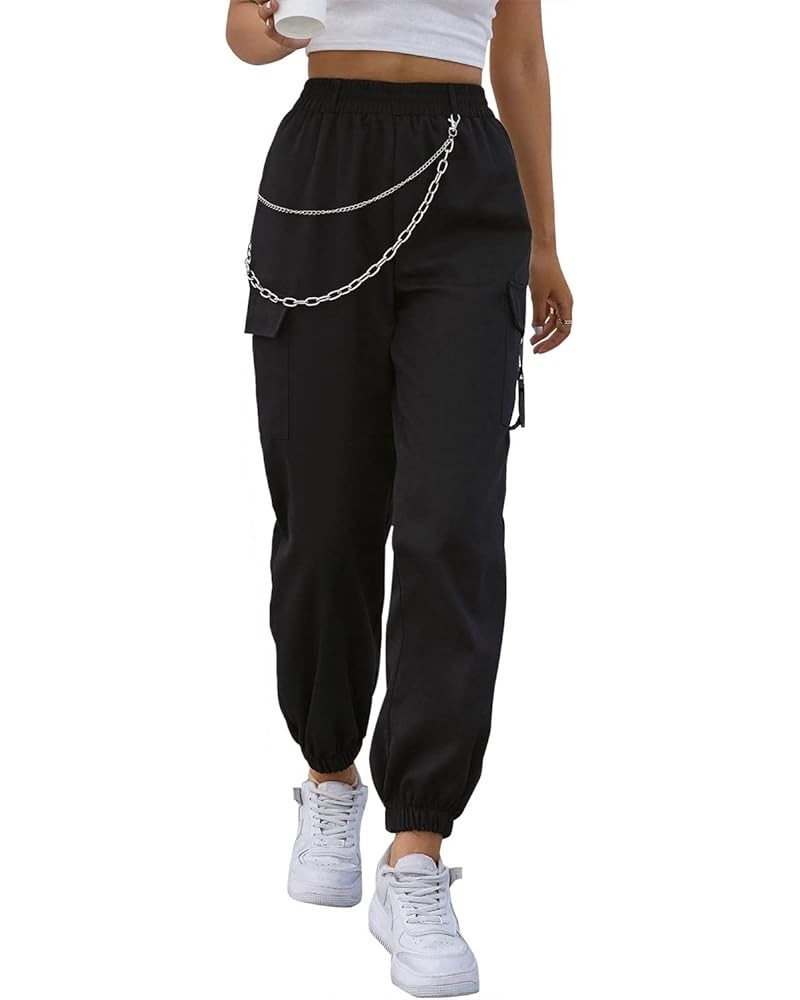 Women's Baggy Cargo Pants Casual Streetwear Solid Color Elastic High Waisted Jogger Pants with Pockets Lblack $10.79 Pants