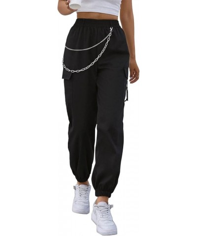 Women's Baggy Cargo Pants Casual Streetwear Solid Color Elastic High Waisted Jogger Pants with Pockets Lblack $10.79 Pants