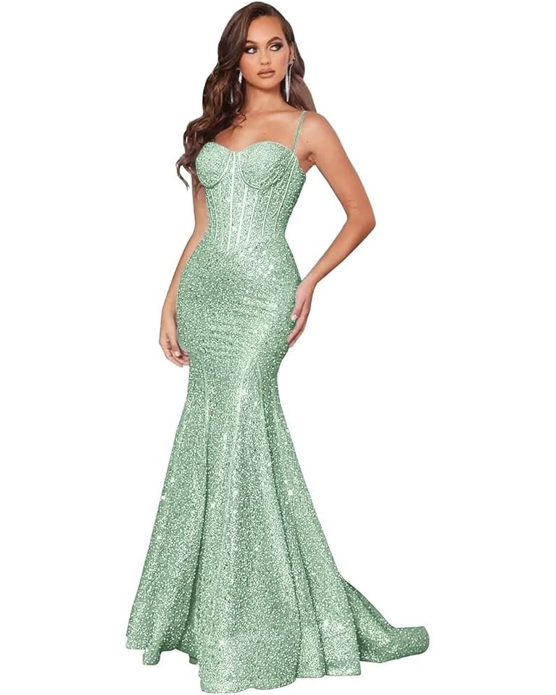 Sequin Mermaid Prom Dresses for Women Long Spaghetti Straps Glitter Corset Formal Evening Party Dress Sage Green $40.56 Dresses