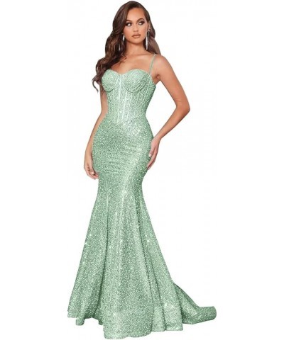 Sequin Mermaid Prom Dresses for Women Long Spaghetti Straps Glitter Corset Formal Evening Party Dress Sage Green $40.56 Dresses