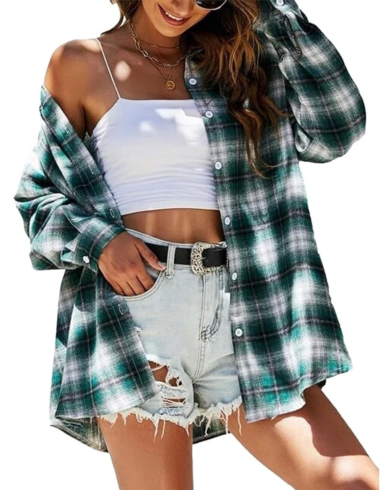 Oversized Flannels Plaid Shirts for Women Buffalo Plaid Long Sleeve Button Down Shirts Blouse Tops White Green $13.23 Blouses