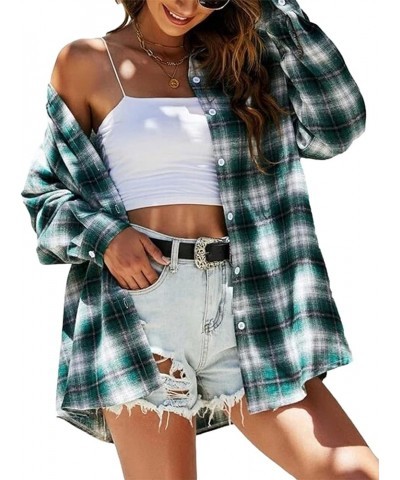 Oversized Flannels Plaid Shirts for Women Buffalo Plaid Long Sleeve Button Down Shirts Blouse Tops White Green $13.23 Blouses