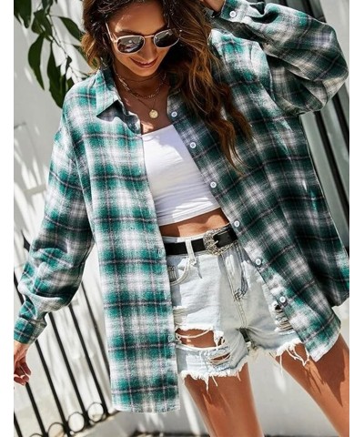 Oversized Flannels Plaid Shirts for Women Buffalo Plaid Long Sleeve Button Down Shirts Blouse Tops White Green $13.23 Blouses