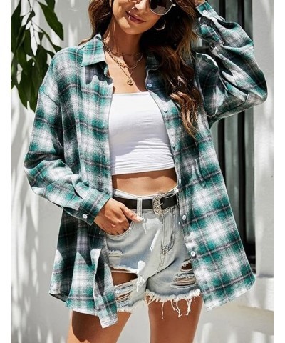 Oversized Flannels Plaid Shirts for Women Buffalo Plaid Long Sleeve Button Down Shirts Blouse Tops White Green $13.23 Blouses