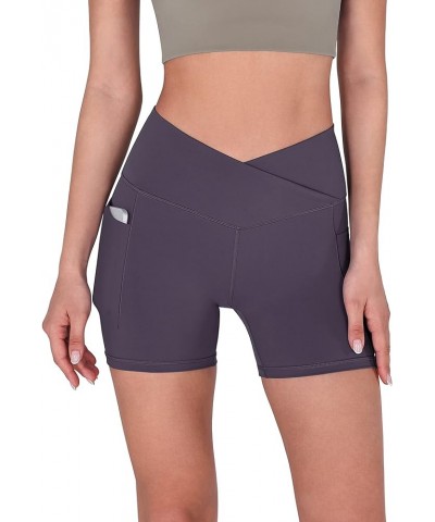 Crossover Yoga Shorts for Women 5" Inseam High Waist Athletic Workout Running Biker Shorts Pocket Dark Purple $12.71 Activewear