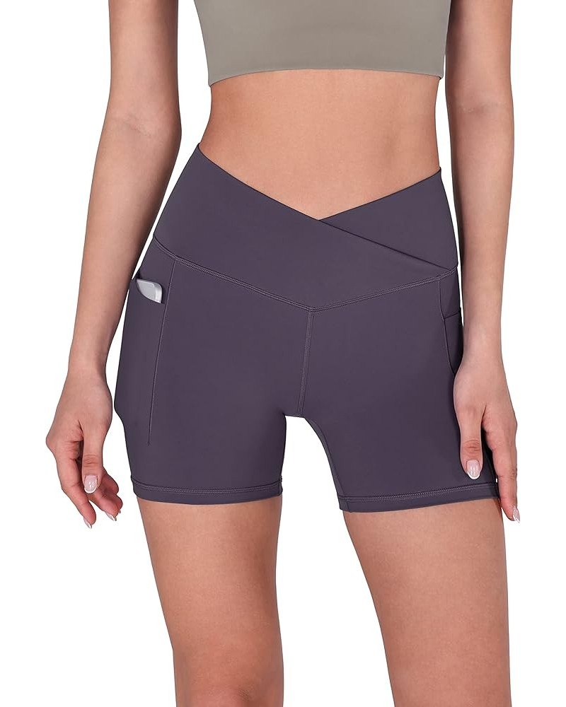 Crossover Yoga Shorts for Women 5" Inseam High Waist Athletic Workout Running Biker Shorts Pocket Dark Purple $12.71 Activewear