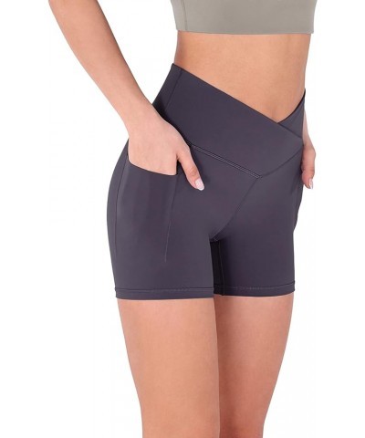 Crossover Yoga Shorts for Women 5" Inseam High Waist Athletic Workout Running Biker Shorts Pocket Dark Purple $12.71 Activewear