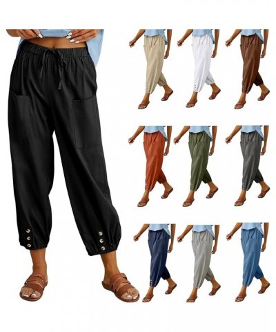 Casual Capri Pants for Women Linen Drawstring Elastic Capris Crop Relaxed Fit Cotton Wide Leg Capri Wide Leg Pants Black $8.8...