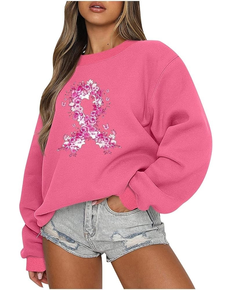 Womens Breast Cancer Awareness Sweatshirts Oversized Long Sleeve Crewneck Pink Ribbon Print Fall Pullover Tops H-hot Pink $9....