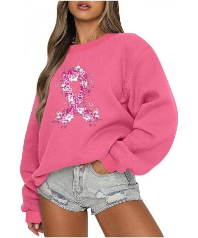 Womens Breast Cancer Awareness Sweatshirts Oversized Long Sleeve Crewneck Pink Ribbon Print Fall Pullover Tops H-hot Pink $9....