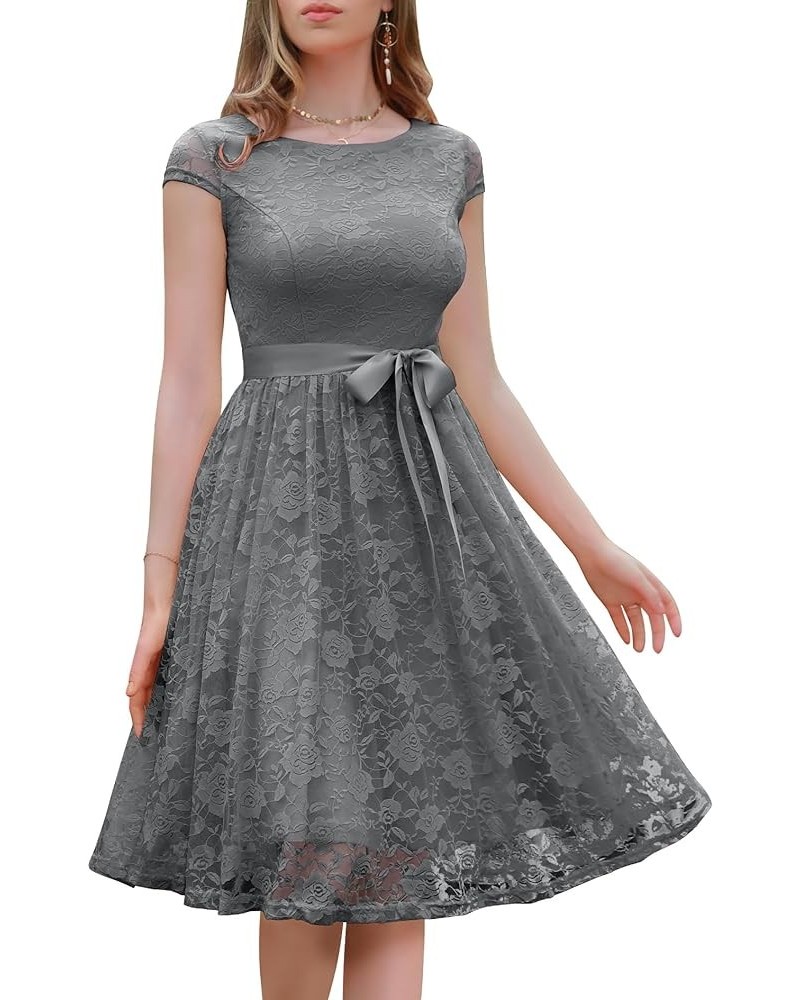 Women's Floral Lace Short Bridesmaid Dress Cap-Sleeve Wedding Formal Party Dress Grey $24.90 Dresses