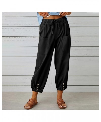 Casual Capri Pants for Women Linen Drawstring Elastic Capris Crop Relaxed Fit Cotton Wide Leg Capri Wide Leg Pants Black $8.8...