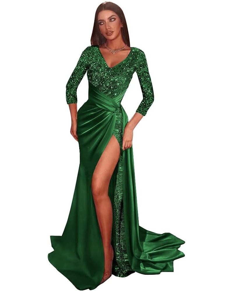 Glitter Sequin Prom Dresses Mermaid Satin Bridesmaid Dress Sparkly Stretch Long Formal Wedding Gown with Slit Emerald Green W...