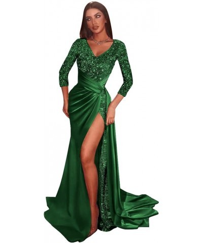 Glitter Sequin Prom Dresses Mermaid Satin Bridesmaid Dress Sparkly Stretch Long Formal Wedding Gown with Slit Emerald Green W...