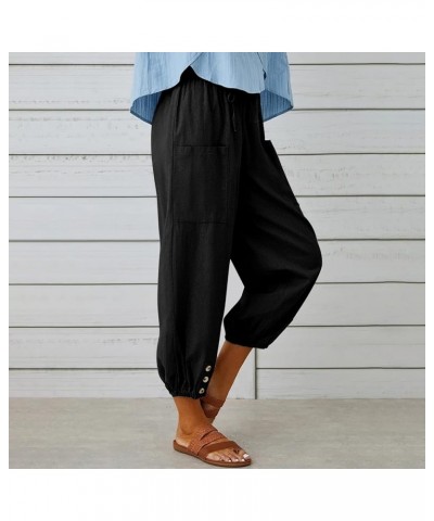 Casual Capri Pants for Women Linen Drawstring Elastic Capris Crop Relaxed Fit Cotton Wide Leg Capri Wide Leg Pants Black $8.8...