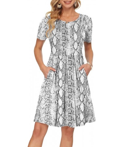 Womens Short Sleeve Mini Dresses Pleated Ruffle A Line with Button 02-snake Print White $10.19 Dresses