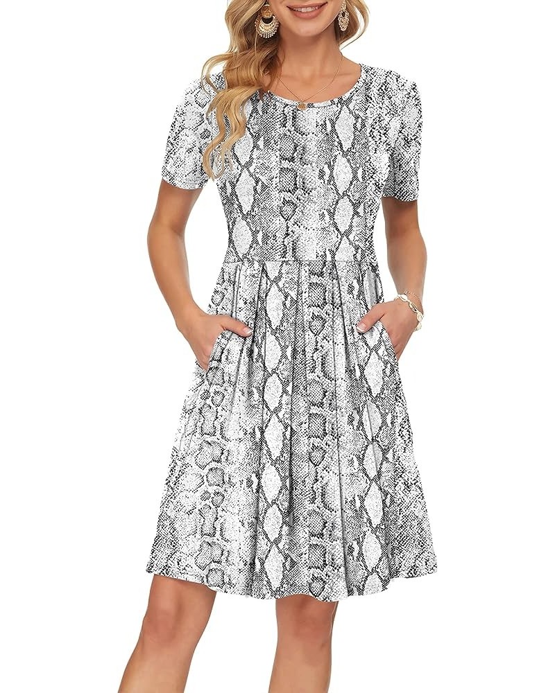 Womens Short Sleeve Mini Dresses Pleated Ruffle A Line with Button 02-snake Print White $10.19 Dresses