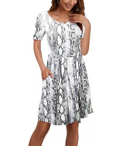 Womens Short Sleeve Mini Dresses Pleated Ruffle A Line with Button 02-snake Print White $10.19 Dresses