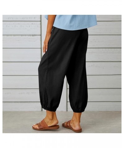 Casual Capri Pants for Women Linen Drawstring Elastic Capris Crop Relaxed Fit Cotton Wide Leg Capri Wide Leg Pants Black $8.8...