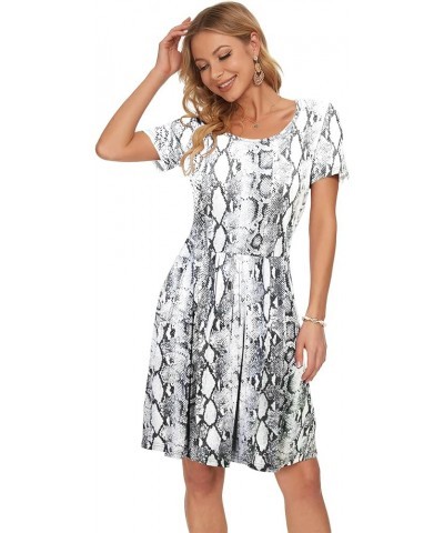 Womens Short Sleeve Mini Dresses Pleated Ruffle A Line with Button 02-snake Print White $10.19 Dresses