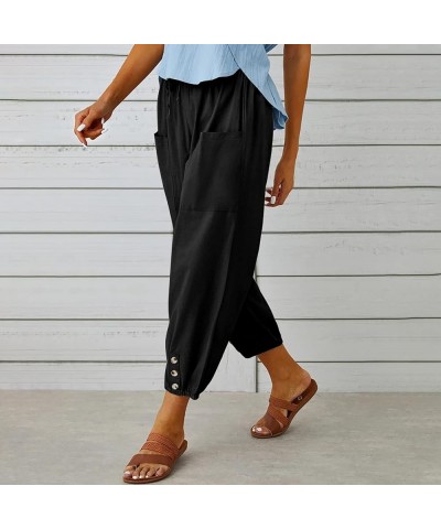 Casual Capri Pants for Women Linen Drawstring Elastic Capris Crop Relaxed Fit Cotton Wide Leg Capri Wide Leg Pants Black $8.8...