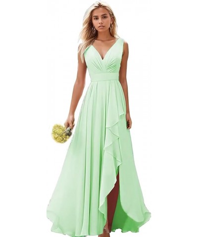 Bridesmaid Dresses for Wedding with Slit V Neck Ruffle Pleated Chiffon Long Formal Dress for Evening Party Mint Green $23.78 ...