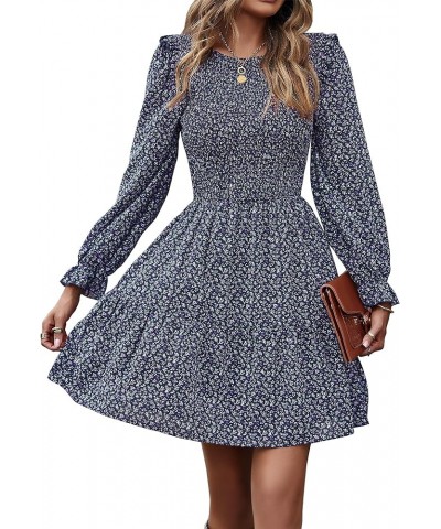 Women Spring Summer Long Sleeve Floral Dress Casual Crewneck Smocked High Waist Ruffle A Line Flowy Mini Dresses Purple $16.0...