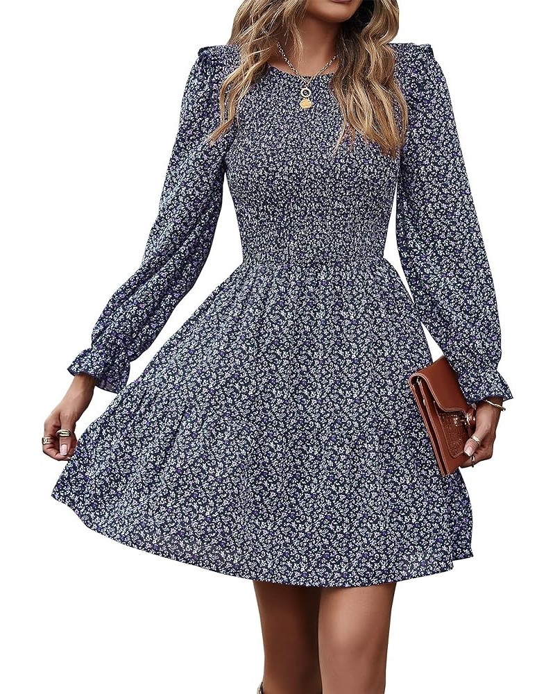 Women Spring Summer Long Sleeve Floral Dress Casual Crewneck Smocked High Waist Ruffle A Line Flowy Mini Dresses Purple $16.0...