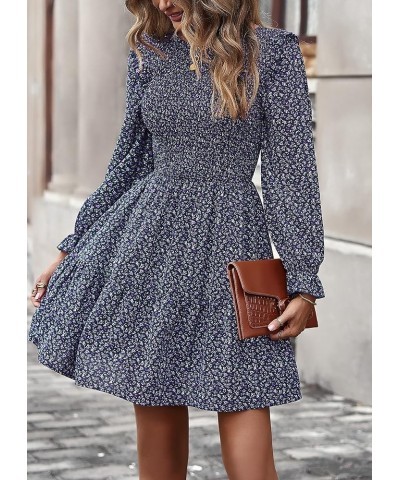 Women Spring Summer Long Sleeve Floral Dress Casual Crewneck Smocked High Waist Ruffle A Line Flowy Mini Dresses Purple $16.0...