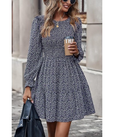 Women Spring Summer Long Sleeve Floral Dress Casual Crewneck Smocked High Waist Ruffle A Line Flowy Mini Dresses Purple $16.0...