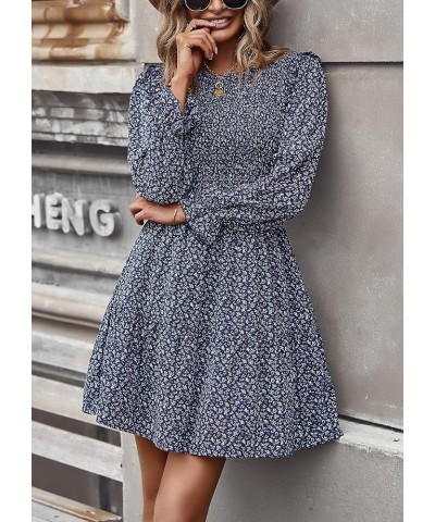 Women Spring Summer Long Sleeve Floral Dress Casual Crewneck Smocked High Waist Ruffle A Line Flowy Mini Dresses Purple $16.0...