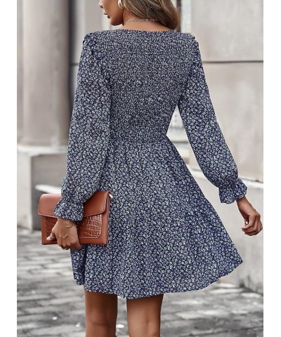 Women Spring Summer Long Sleeve Floral Dress Casual Crewneck Smocked High Waist Ruffle A Line Flowy Mini Dresses Purple $16.0...